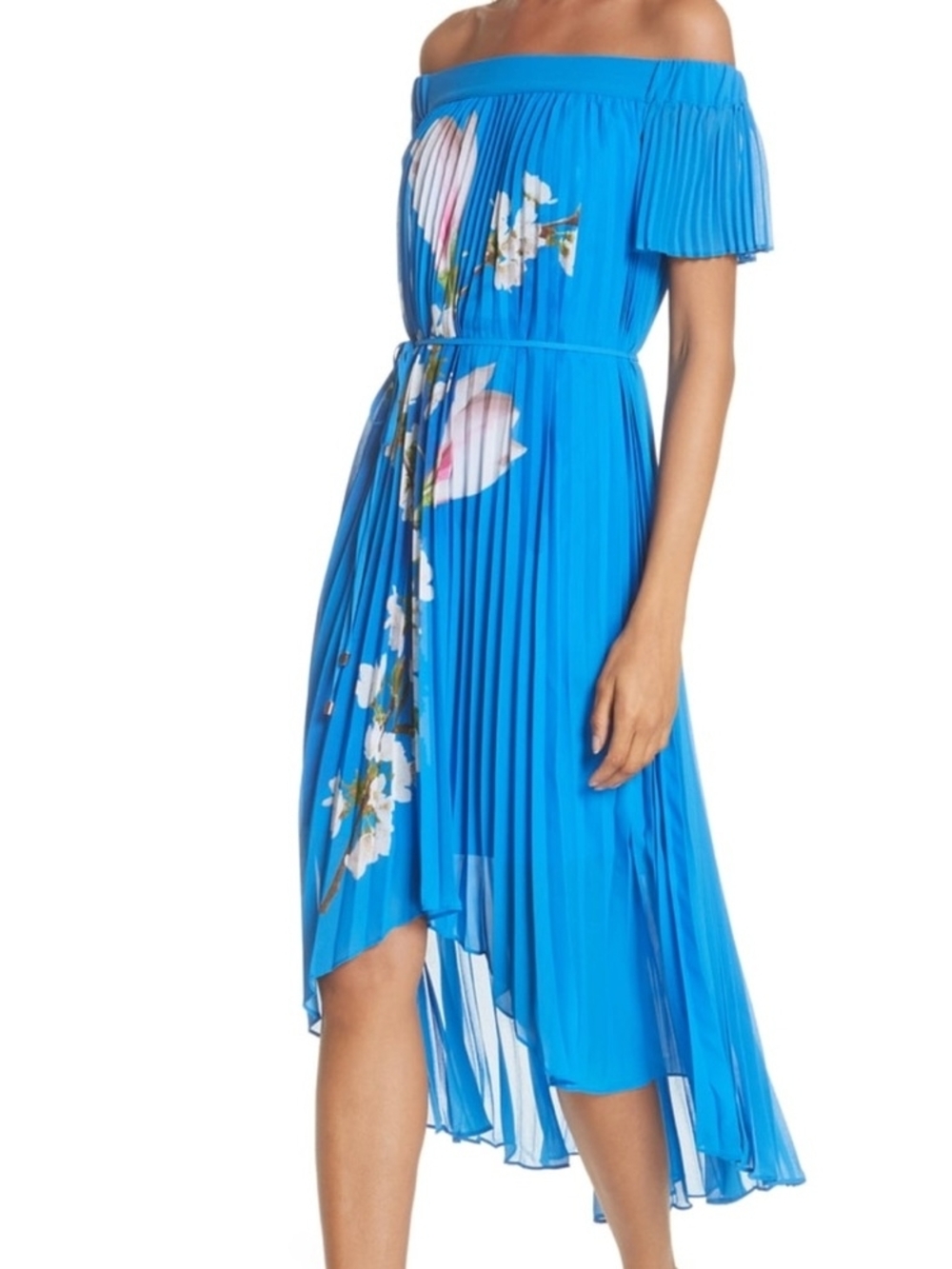 Ted Baker Cobalt Blue Off-Shoulder Pleated High-Low Floral Dress - Picture 4 of 14